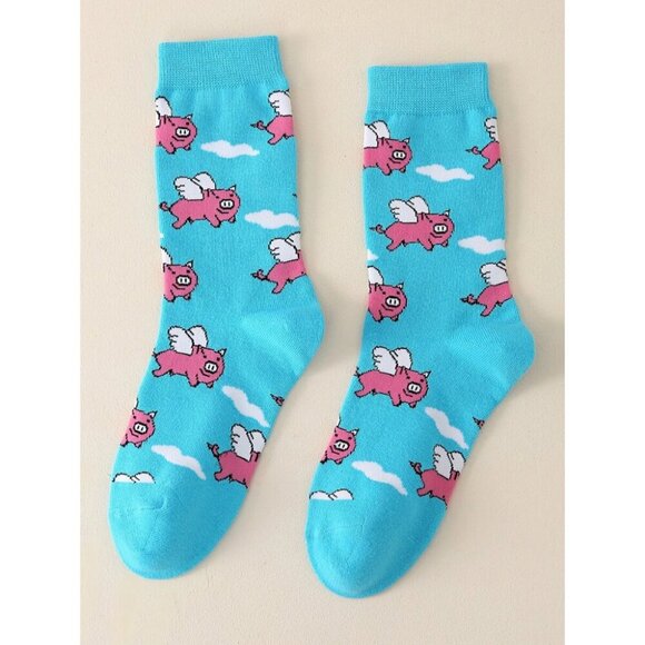 Women's Cartoon Pig Pattern Mid Length Crew Fun, Rich And Colorful Socks - Picture 2 of 2